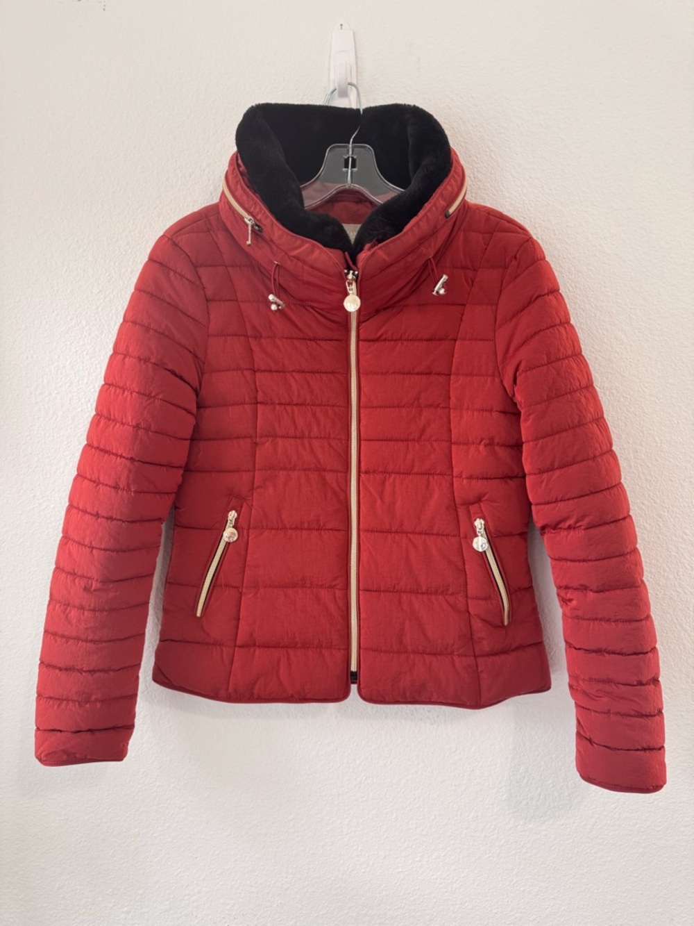 Rugapiana Cortona Italian Puffer Jacket Quilted Red Faux Fur Collar Hooded M